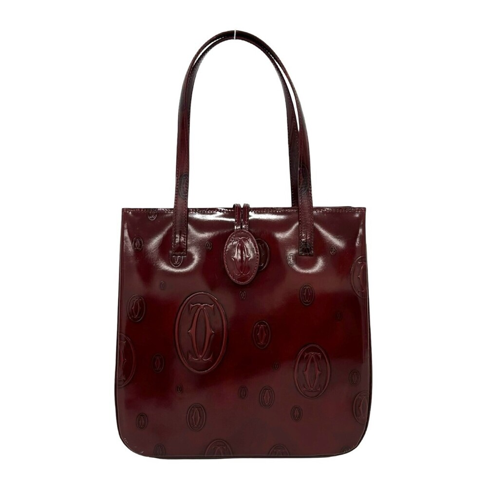 CARTIER Happy Birthday Logo Embossed Patent Leather Handbag Mini Tote Bag Win...
